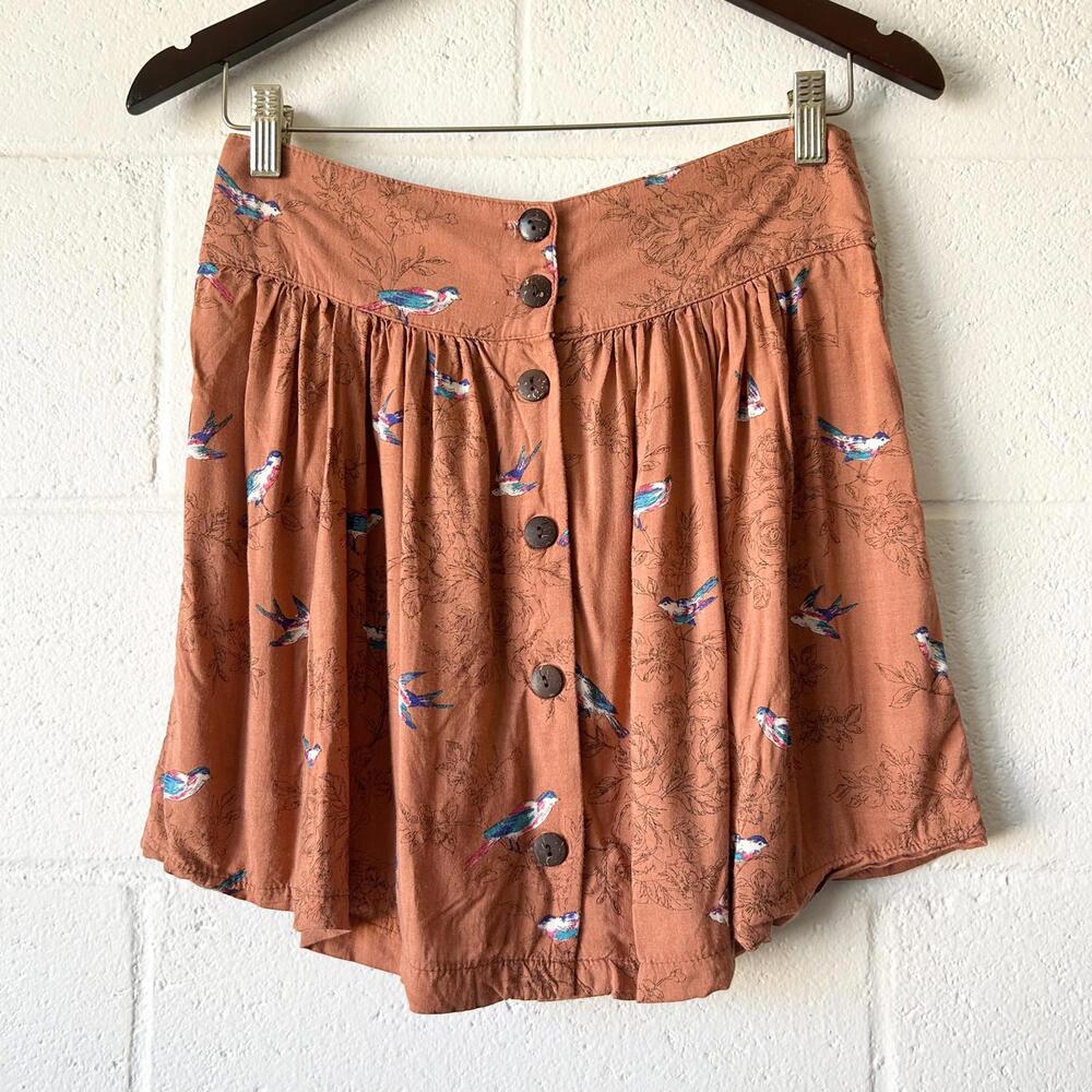 Vintage Papaya Floral Bird y2k Wood Button Mini Skirt Women's Large